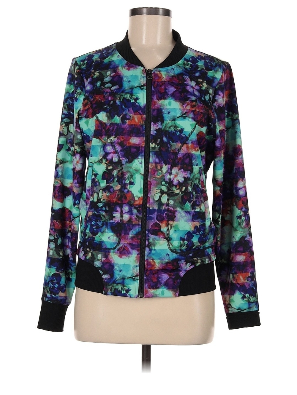 Athleta Floral Multicolor Bomber Jacket in Teal, Purple & Black